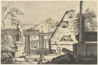 Landskab med gamle ruiner af bygninger og statuer af Giovanni Paolo Pannini (possibly)