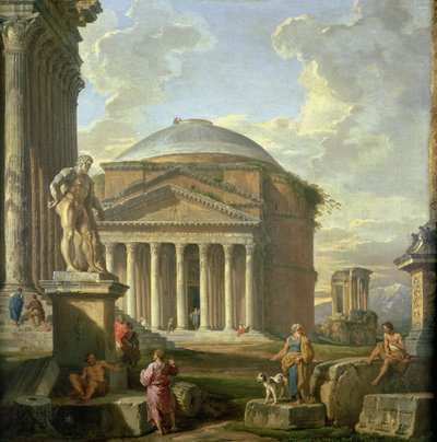 Udsigt over Pantheon, Farnese Hercules og andre romerske ruiner af Giovanni Paolo Pannini