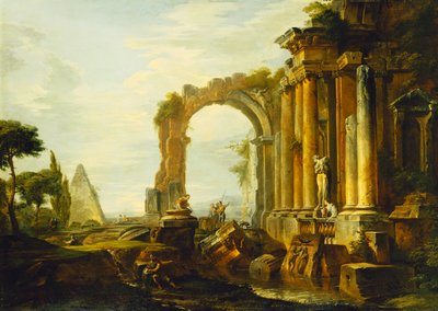 En Capriccio af klassiske ruiner med Cestius-pyramiden og figurer i et landskab, af Giovanni Paolo Pannini