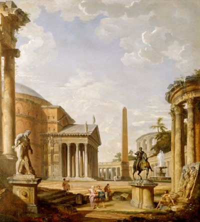 Capriccio af romerske ruiner med Pantheon (olie på lærred) af Giovanni Paolo Pannini