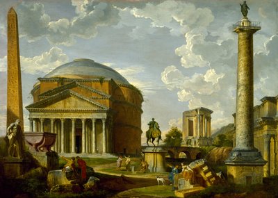 Fantasiudsigt med Pantheon og andre monumenter i det antikke Rom af Giovanni Paolo Pannini