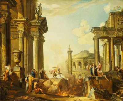 Marcus Curtius springer ind i kløften, en Capriccio med Trajans søjle og andre klassiske bygninger hinsides, af Giovanni Paolo Pannini