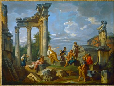 Rovdyr midt i ruiner i Rom beriget med figurer, med Pantheon og statuen af Flora ... (maleri på lærred) af Giovanni Paolo Pannini or Panini