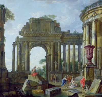 Romerske ruiner med de blinde Belisarius (olie på lærred) af Giovanni Paolo Pannini