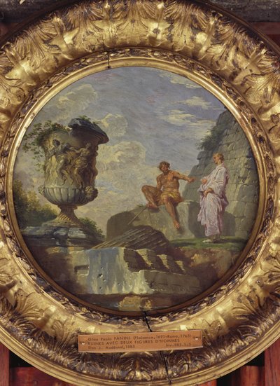 Ruiner med to mænd, ca. 1750-60 (olie på kobber) af Giovanni Paolo Pannini