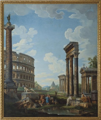 En Capriccio med figurer i romerske ruiner, inklusive Konstantinbuen og Pantheon, Colosseum og Trajans søjle (Trajans søjle eller Colonna Traiana) - Maleri af Giovanni Paolo Panini (Pannini) (1691-1765), olie på lærred, 210.8 x1 af Giovanni Paolo Pannini