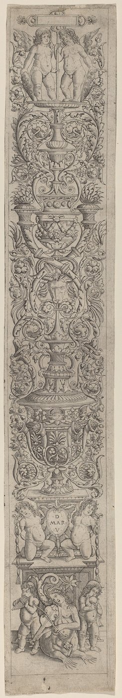Ornamentpanel: Nereid og to børn, der spiller på musikinstrumenter af Giovanni Pietro Birago and Zoan Andrea