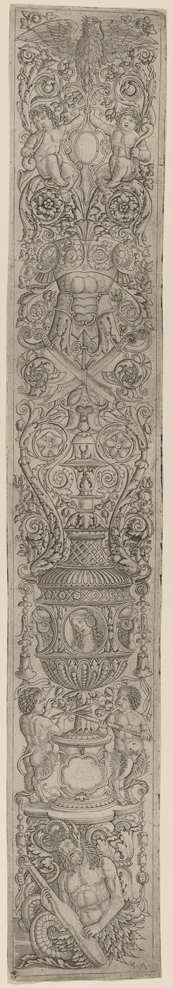 Ornamentpanel: Triton og Two Infant Satyrs af Giovanni Pietro Birago and Zoan Andrea