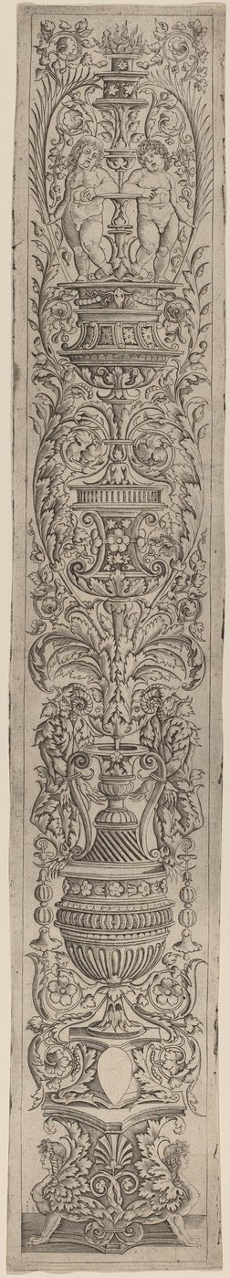 Ornamentpanel: To sfinxer og to børn, der holder håndflader af Giovanni Pietro Birago and Zoan Andrea