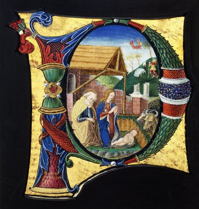 En stor historisk initial "P", der viser en julekrybbe, ca. 1490 af Giovanni Pietro Medici Da Crema