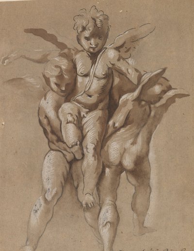 To Putti, der bærer en tredje Putti (recto); En ung med en stab (verso) af Giovanni Pietro Possenti