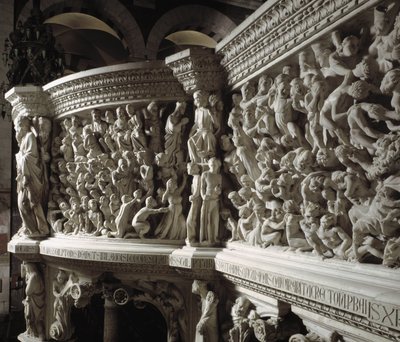 Detalje af stolen realiseret af Giovanni Pisano (1248-1314): Kristusdommeren mellem de udvalgte og de forbandede (Detalje af relieffer af marmorprædikestolen, Kristus mellem udvalgte og fordømte sjæle) 1302-1311 Cathedrale of Pisa (Duomo di Pisa), Italien af Giovanni Pisano