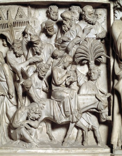 Detalje af relieffer af stolen realiseret af Giovanni Pisano (1248-1314): Detalje af relieffer af marmorprædikestolen, flugt ind i Egypten 1302-1311 Cathedrale de Pisa (Duomo di Pisa), Italien af Giovanni Pisano