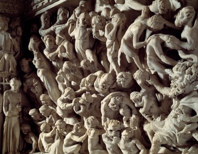 Detalje af reliefferne af stolen realiseret af Giovanni Pisano (1248-1314): damns (Detaljer af relieffer af marmorprædikestolen) 1302-1311 Cathedrale de Pisa (Duomo di Pisa), Italien af Giovanni Pisano