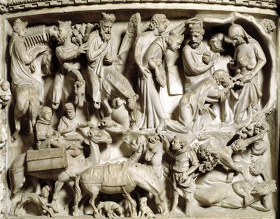 Detalje af relieffer af stolen realiseret af Giovanni Pisano (1248-1314): rejsen og tilbedelsen af magi (Detaljer af relieffer af marmorprædikestolen, rejsen og tilbedelsen af magi) 1302-1311 Cathedrale of Pisa (Duomo di Pisa), Italien af Giovanni Pisano