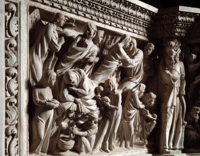 Detalje af relieffer af stolen realiseret af Giovanni Pisano (1248-1314): Bebudelsen, besøget og fødslen af Johannes Døberen (Detaljer af relieffer af marmorprædikestolen, bebudelse, besøg og fødsel af Johannes Døberen) 1302 -1311 Cath af Giovanni Pisano