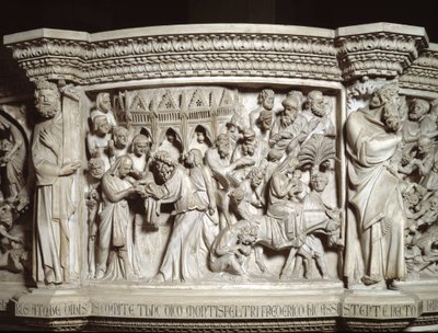 Detalje af relieffer af stolen realiseret af Giovanni Pisano (1248-1314): præsentationen af Jesus ved templet og flugten til Egypten (Detaljer af relieffer af marmorprædikestolen) 1302-1311 Cathedrale of Pisa (Duomo di Pisa) , Italien af Giovanni Pisano