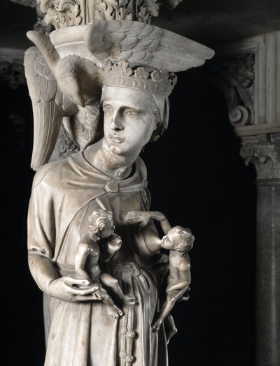 Detalje af de skulpturelle grupper, der støtter stolen, realiseret af Giovanni Pisano (1248-1314): Kirken nærer sine børn (Detaljer af skulpturerne, der understøtter marmorprædikestolen, kirken fodrer hendes børn) 1302-1311 Cathedrale de Pisa (Duomo di Pis af Giovanni Pisano