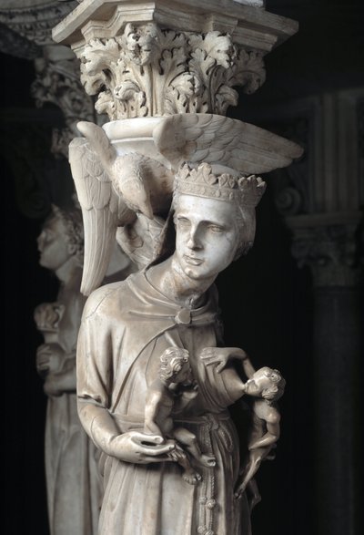 Detalje af de skulpturelle grupper, der støtter stolen, realiseret af Giovanni Pisano (1248-1314): Kirken nærer sine børn (Detalje af skulpturerne, der understøtter marmorprædikestolen, kirken fodrer hendes børn) 1302-1311 Cathedrale de Pisa (Duomo di Pis af Giovanni Pisano