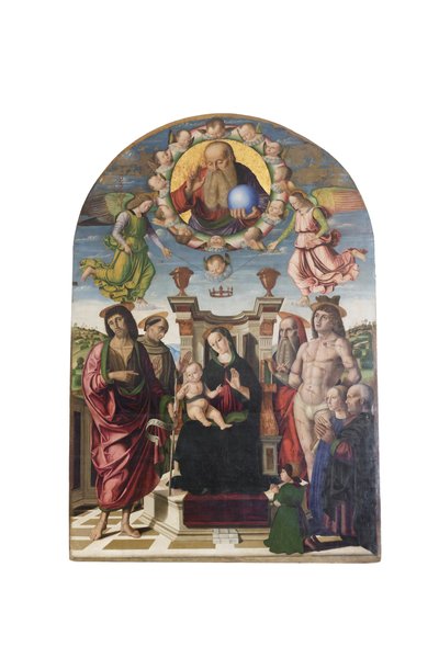 Madonna og barn troner sammen med helgener af Giovanni Santi