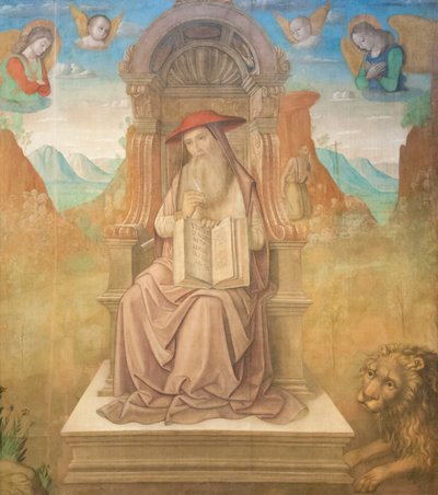 Saint Jerome Enthroned (tempera på panel) af Giovanni Santi or Sanzio