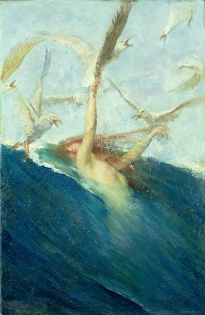 En havfrue, der bliver mobbet af måger af Giovanni Segantini