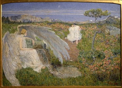 Love Source of Life: En engel, der ser et par gå i et drømmeagtigt landskab af Giovanni Segantini