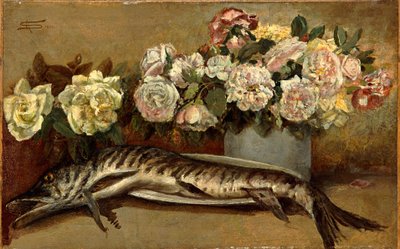 Stilleben med blomster og fisk eller gedder og roser af Giovanni Segantini