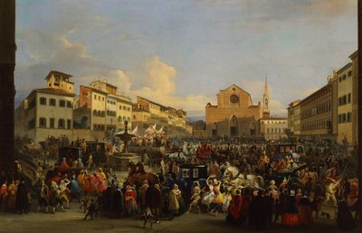 Piazza Santa Croce i Firenze under karneval af Giovanni Signorini