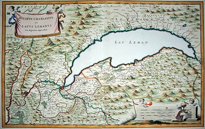 Genevesøen, fra en bybog i to bind om Savoyen og Piemonte, indgraveret af Joannes de Broen (1649-c.1730) af Giovanni Tommaso (after) Borgionio
