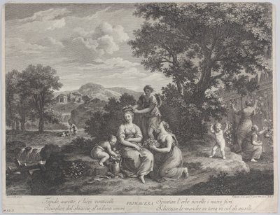 Primavera, en gruppe kvinder, der samler blomster og laver kroner af dem, ca. 1764. af Giovanni Volpato
