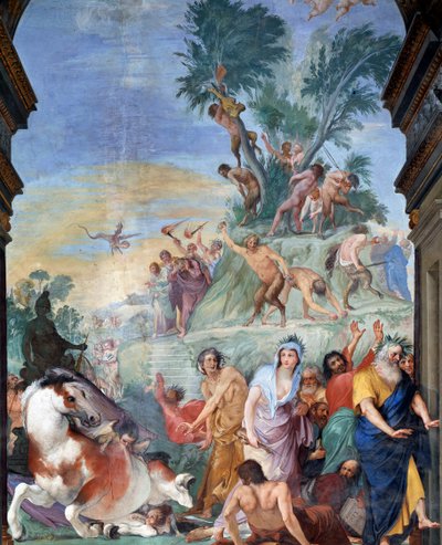 Muserne og digterne jager af Parnassus (muser og digtere fordrevet fra Parnassus) Fresco-detalje af Giovanni da San Giovanni (1592-1636) 1634-1642 Museo degli argenti, Palazzo Pitti, Firenze af Giovanni da San Giovanni