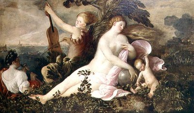 Allegori om en venetiansk sejr, lykkens eller tilfældighedens centrale figur ledsaget af figurer, der symboliserer natur og musik, ca. 1518 af Giovanni de Busi Cariani