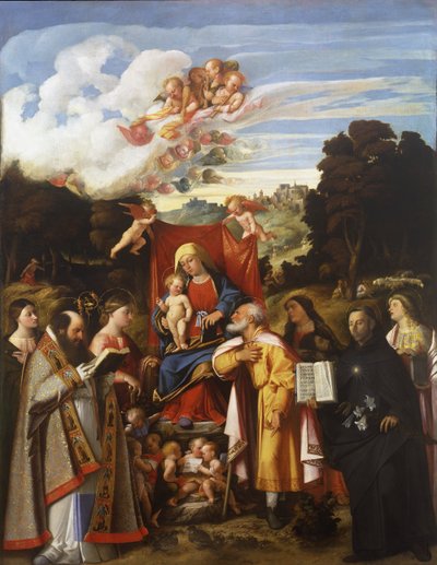 Madonna tronet med engle, Skt. Apollonia, Skt. Augustin, Skt. Catherine, Skt. Joseph, Skt. Grata, Skt. Philip Benizzi og Skt. Barbara (St. Gotthard altertavle) af Giovanni de Busi Cariani