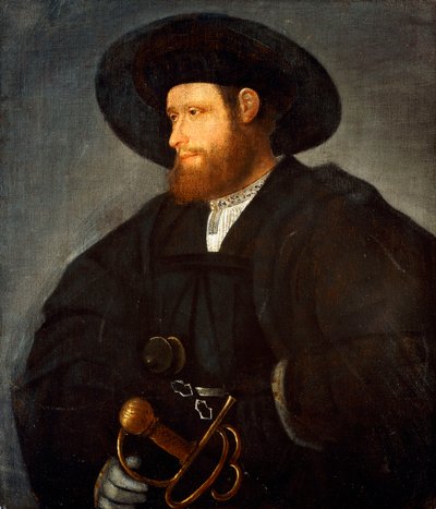Portræt af en gentleman, halvlang, iført sort kostume og sort hat, af Giovanni de Busi Cariani