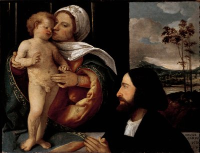 Jomfru og barn med en hengiven mand, maleri af Giovanni Busi dit Cariani (1482-1547) af Giovanni de Busi Cariani