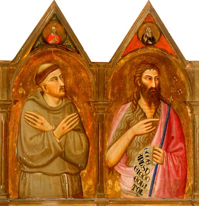Saint Francis og Johannes Døberen (venstre paneler af triptykon) (tempera og bladguld på panel) af Giovanni del (follower of) Biondo