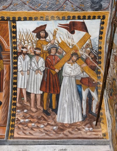 Historier om Kristi lidelseshistorie: Jesus går op til Golgata med korset og hjælp fra Cyrenaeus af Giovanni di Cherasco Botoneri