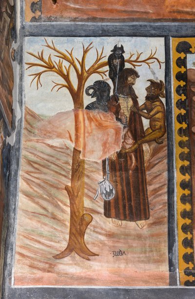 Historier om Kristi lidelseshistorie: Judas hænger sig efter at have forrådt Jesus for 30 denarer. af Giovanni di Cherasco Botoneri