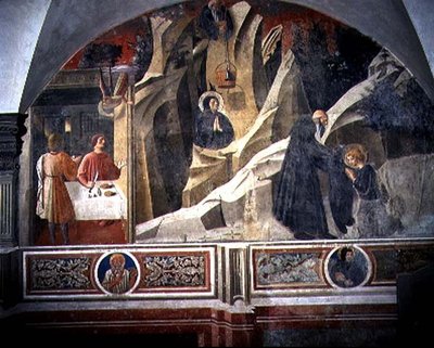 Skt. Benedikte modtager brød og en kappe fra eremiten Romano, detaljer fra freskomaleriet i St. Benedikts liv fra Chiostro degli Aranci (appelsinernes kloster) ca. 1430