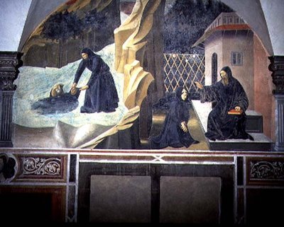Skt. Benedikte sender Mauro for at redde den druknende Placidus fra søen, detaljer fra freskomaleriet i St. Benedikts liv fra Chiostro degli Aranci (appelsinernes kloster) ca. 1430