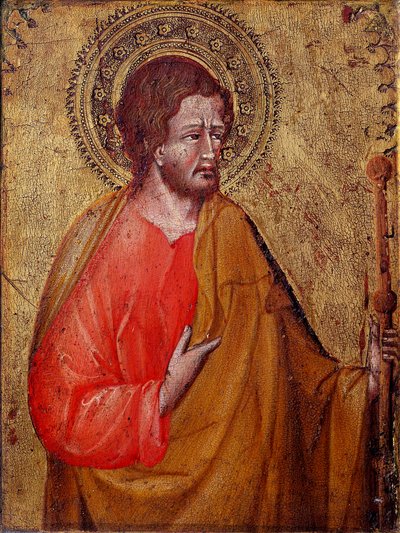 Repræsentation af Sankt Jakob Pelerin Dette er Sankt Jakob Major eller Sankt Jakob, søn af Zebedæus. Maleri af Giovanni di Paolo (1395 / 1400-1482) Assisi fra det 15. århundrede, Museum of the Treasury of the Basilica of San Francesco og Perkins Collection af Giovanni di Paolo