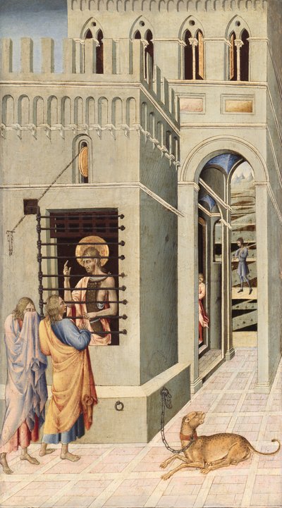Johannes Døberen i fængsel får besøg af to disciple af Giovanni di Paolo