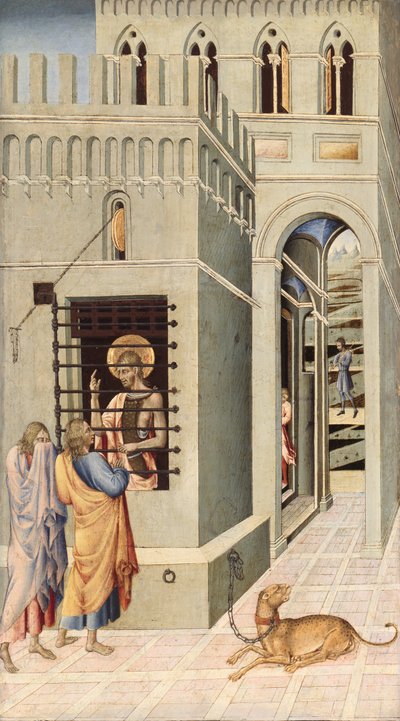 Johannes Døberen i fængslet besøgt af to disciple, 145560. af Giovanni di Paolo