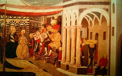 Frontalbillede fra Adimari Cassone med en bryllupsscene foran døbefonten, ca.1450 af Giovanni di Ser Giovanni Scheggia