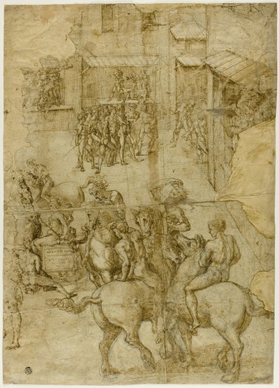 Mytologisk pageant (recto); Ulæselige inskriptioner og anatomiske undersøgelser af hoved (verso) af Girolamo Genga