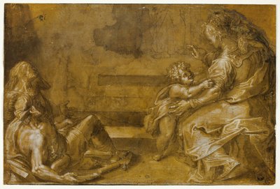 To liggende tiggere og siddende mor og barn ved trappefoden af Girolamo Macchietti