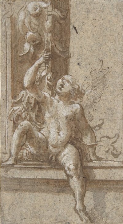 En Putto siddende på en ramme, ca. 1538-40. af Girolamo Mazzola Bedoli