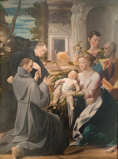 Hellig familie med den hellige Antonius af Padua, den hellige Frans af Assisi og den hellige Johannes evangelisten, Girolamo Mazzola Bedoli af Girolamo Mazzola Bedoli