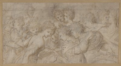 Omfavnende kvindelige figurer, nogle med noder., 1570-73. af Girolamo Mirol.